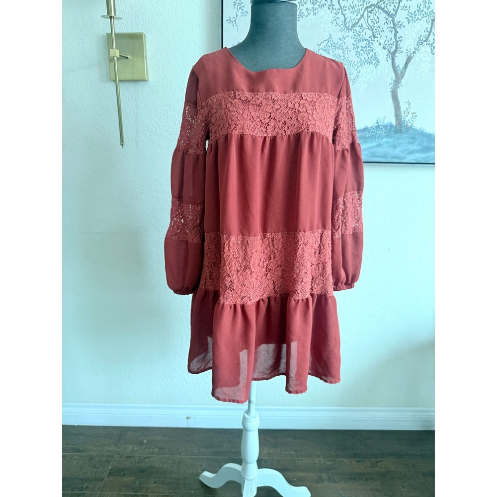Daizy‎ Rust Red Lace Tiered Babydoll Mini Dress Boho Long Sleeve Small